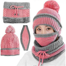 Hat and scarf set, pink knitted winter bobo hat scarf, wind mask, warm suit