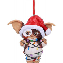 Hanging festive decorative ornaments in fairy lights, red