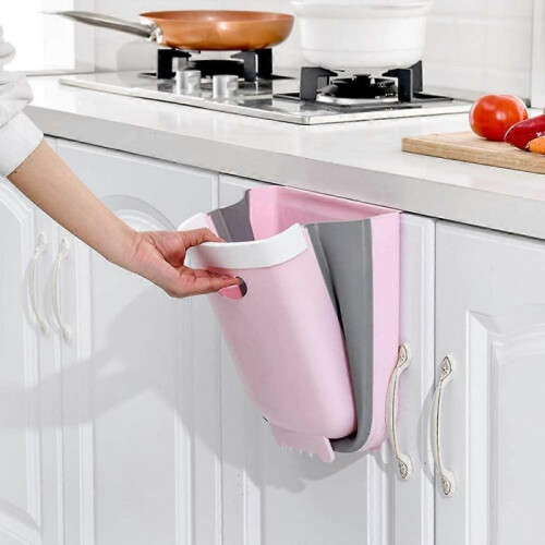 Wall Mounted Kitchen Trash Bin for Cupboard, Hanging/Folding, for Collecting Vegetable Peels (Pink) 1