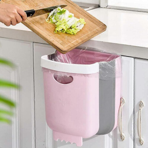 Wall Mounted Kitchen Trash Bin for Cupboard, Hanging/Folding, for Collecting Vegetable Peels (Pink) 2