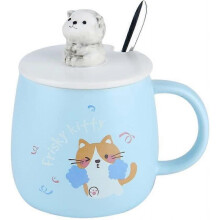 Cat Mug, Cute Ceramic Coffee Mug, with 3D Cat Shaped Lid and Spoon, for Tea, Milk, Hot Chocolate,  Birthday Gift for Girls and Women 8.8x8.2cm (Blue)
