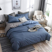 Duvet Cover Double Bed Set, 4 Pieces Microfiber Plain Pattern Plaid Bedding Set with 2 Pillowcases and 1 Bed Sheet (220x240cm,Blue Grey)