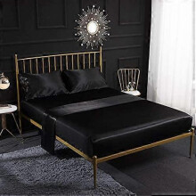 4 Piece Silk Satin Bedding Set with Fitted Sheet, Flat Sheet, Pillowcase, Breathable, Soft and Comfortable, Black (Full)