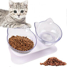 Cat Bowl, Double Cat Bowl, 15 Tilt Support, Non-Slip, Reduce Pet Neck Pain, for Cats and Dogs (Transparent)