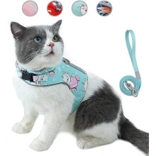 Anti-Escape Cat Leash and Harness Set, Adjustable Soft Mesh Breathable Pet Reflective Vest with Innovative Anti-Lost Card (XS,Cyan)