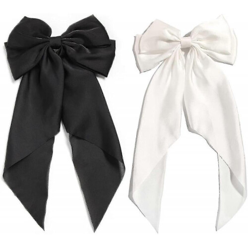 Solid Ribbon Long Silk Satin Tail Bow Hair Clips 2 Pieces
