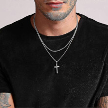 Cross Necklace Men Stainless Steel Silver Black Gold Layered Rope Chain Cross Pendant
