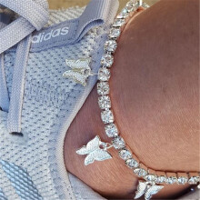 Fußkettchen mit Schmetterlingsanhänger und Strasssteinen, einreihig, Diamantkette, Fußschmuck – MIWI – Silber