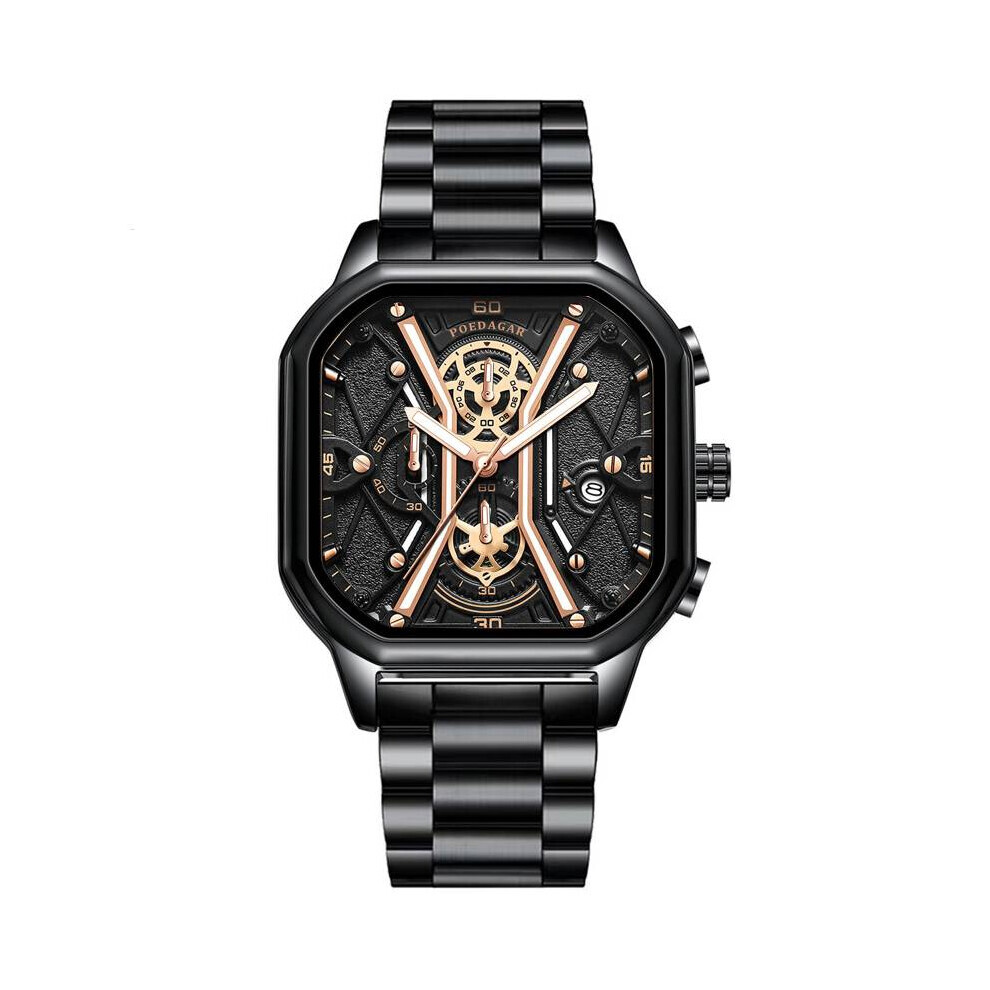 Montre automatique multifonctionnelle en acier pour homme (noir et or)