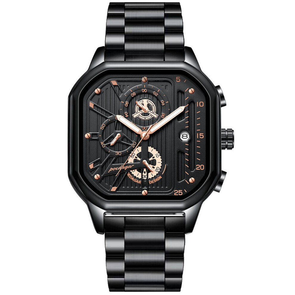 Montre automatique multifonctionnelle en acier pour homme, accessoire de mode pour étudiant (noir et