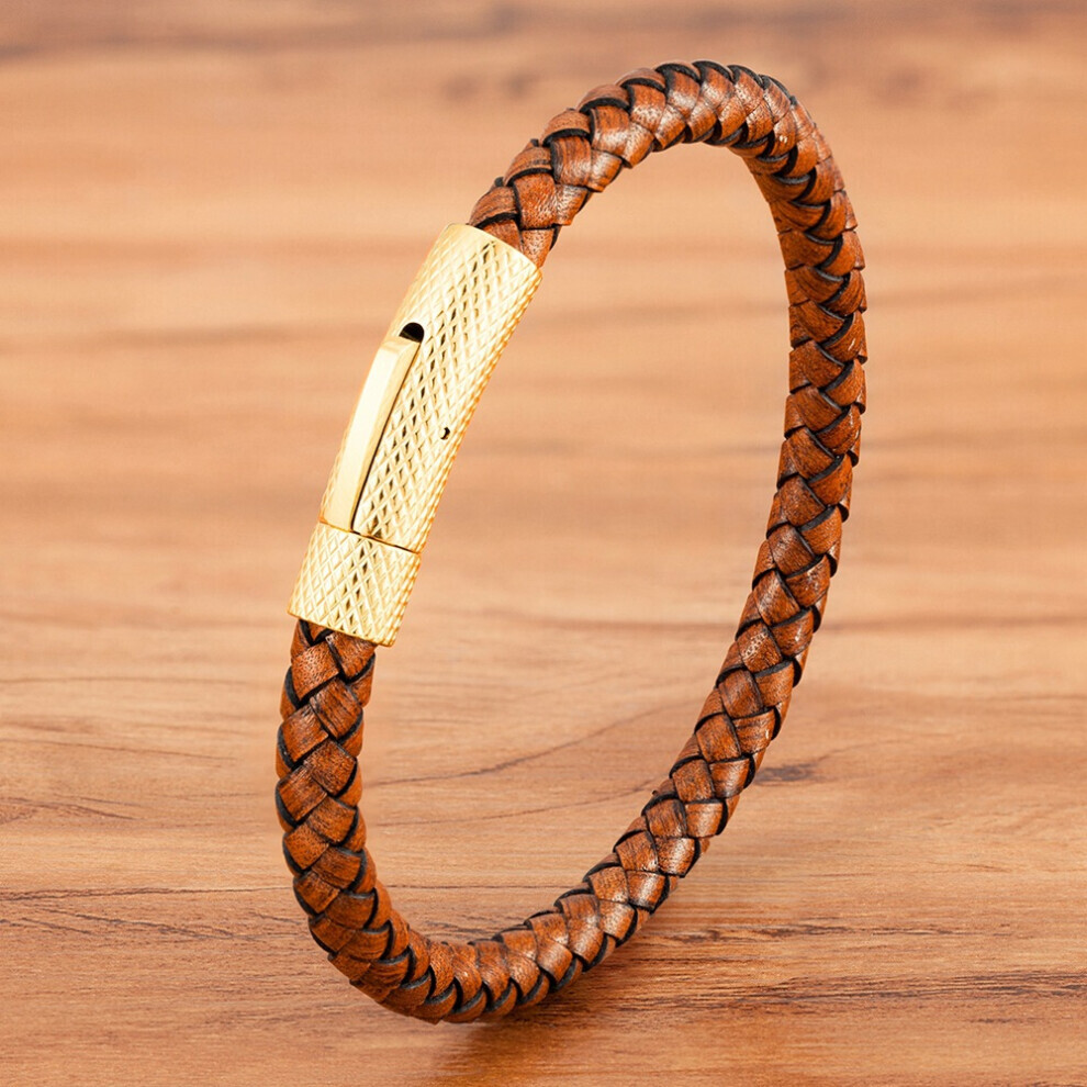 (21 cm, capuchon jaune foncé) Bracelet en cuir pour homme en acier inoxydable combiné