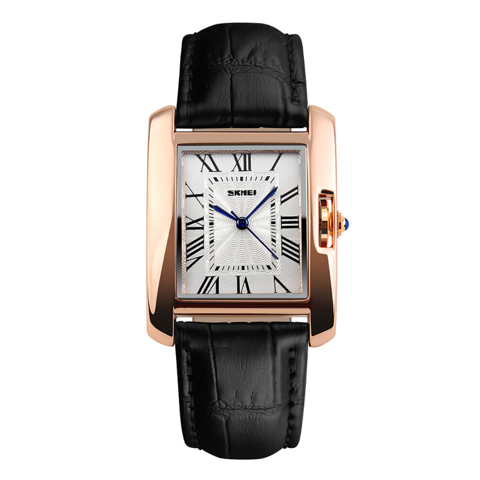 Montre femme carrée en or rose avec bracelet en cuir (noir) SK1085