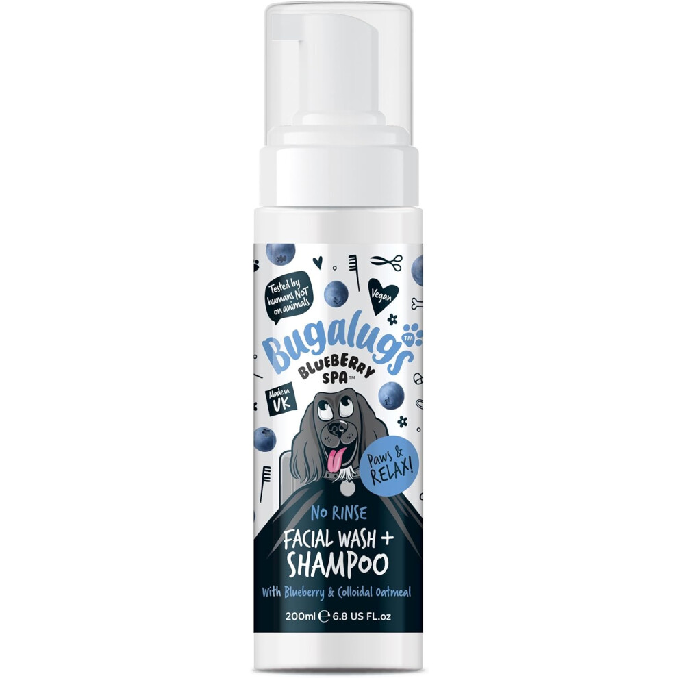 Bugalugs Dog Face Wash Dry Shampoo For Dogs, Blueberry Spa Facial No Rinse Shampoo No Rinse Facial Wash & Shampoo 200Ml