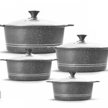 (Marble Grey) Stockpot Set 4pc Robust Aluminium Advanced non‐stick ceramic coating Stay‐cool handles and knobs Tempered glass lid with steam vent