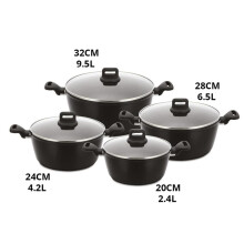 (BLACK) Stockpot Set 4pc Robust Aluminium Advanced non‐stick ceramic coating Stay‐cool handles and knobs Tempered glass lid with steam vent