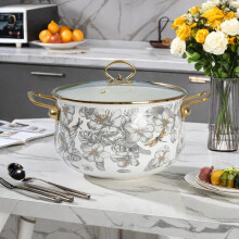 (Dragonfly flower, 7.1inch) Floral Pattern Stockpot with Lid & Handle, 1 Count Multifunctional Thickened Double Ear Stockpot, Enamel Coating Kitchen Cookware for Home Dining