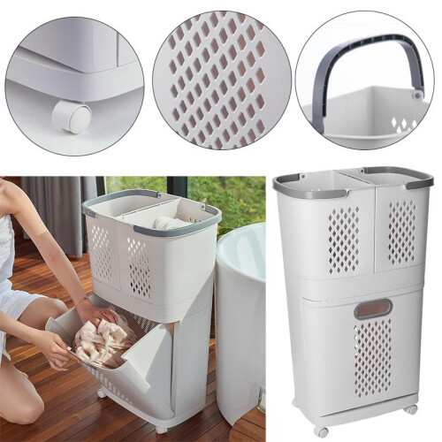 (Default) Lushhub 3 Compartment Laundry Baskets Laundry Sorter Rolling Laundry Hamper Organiser Plastic Lightweight Smooth - White 1