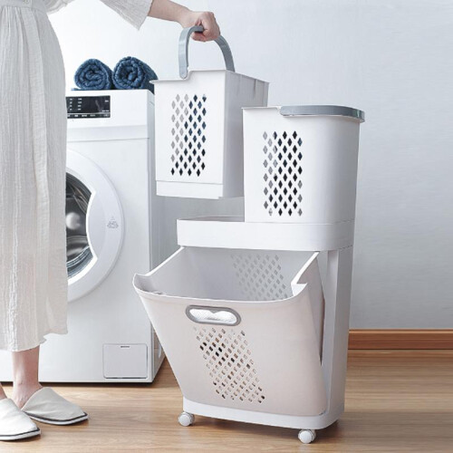 (Default) Lushhub 3 Compartment Laundry Baskets Laundry Sorter Rolling Laundry Hamper Organiser Plastic Lightweight Smooth - White 2