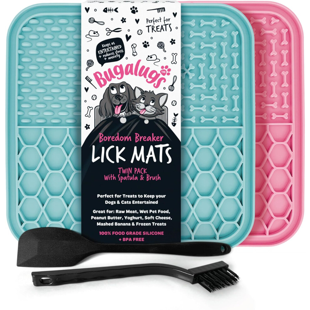 Bugalugs Licky Mats For Dogs, 100% Food Grade Lick Mats For Dogs & Cat Feeding & Licking Mat,Stress & Anxiety, 2X Mats, Spatula & Brush ( & Blue) Pink/Blue