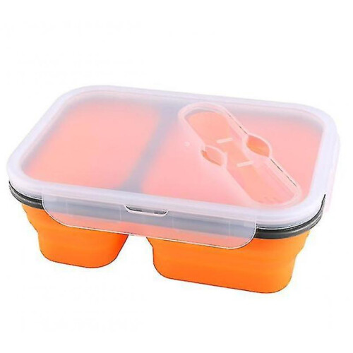 Silicone Folding Two Grid Lunch Box with Spoon Easy To Carry Buckle Seal