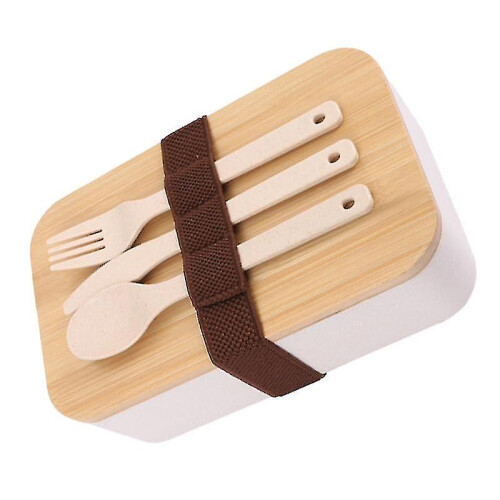 1 Set Wheat Straw Lunch Box Square Portable Students Bento Case with Tableware