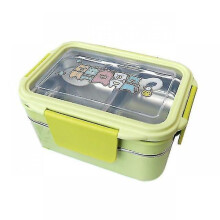 Cartoon Lunch Box Stainless Steel Double Layer Food Container Portable for Kids(green)