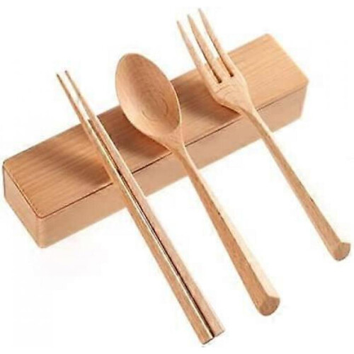 Wood Cutlery Set Chopsticks Spoon Fork Kit with Case Reusable Tableware Camping Flatware