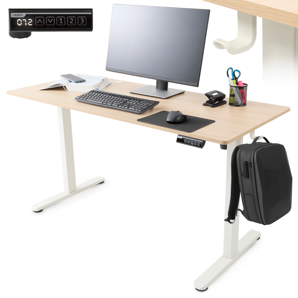 AREBOS electrically height-adjustable desk 140x60 cm | Memory function | Adjustable computer desk 72-118 cm | Standing desk | Stand-sit desk | Beige-image-OPC-PHDZGBG-NEW