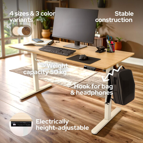 AREBOS AREBOS electrically height-adjustable desk 140x60 cm | Memory function | Adjustable computer desk 72-118 cm | Standing desk | Stand-sit desk | Beige 2