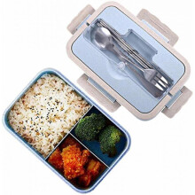 1000ml Natural Wheat Safety Bento Box with Chopsticks Spoon Blue