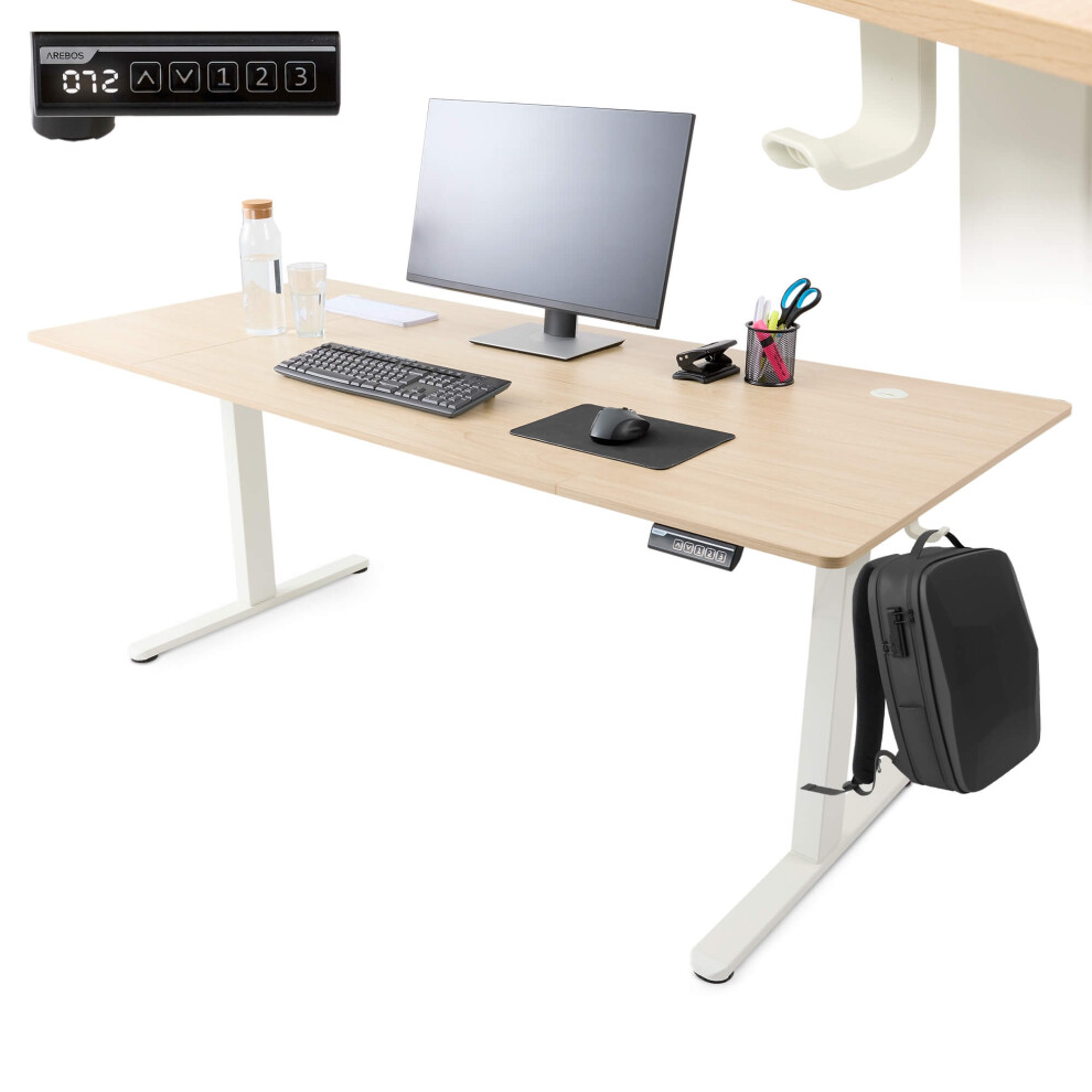 Arebos Electrically Height-Adjustable Desk 180X80 Cm | Memory Function | Adjustable Computer Desk 72-118 Cm | Standing Desk | Stand-Sit Desk | Beige