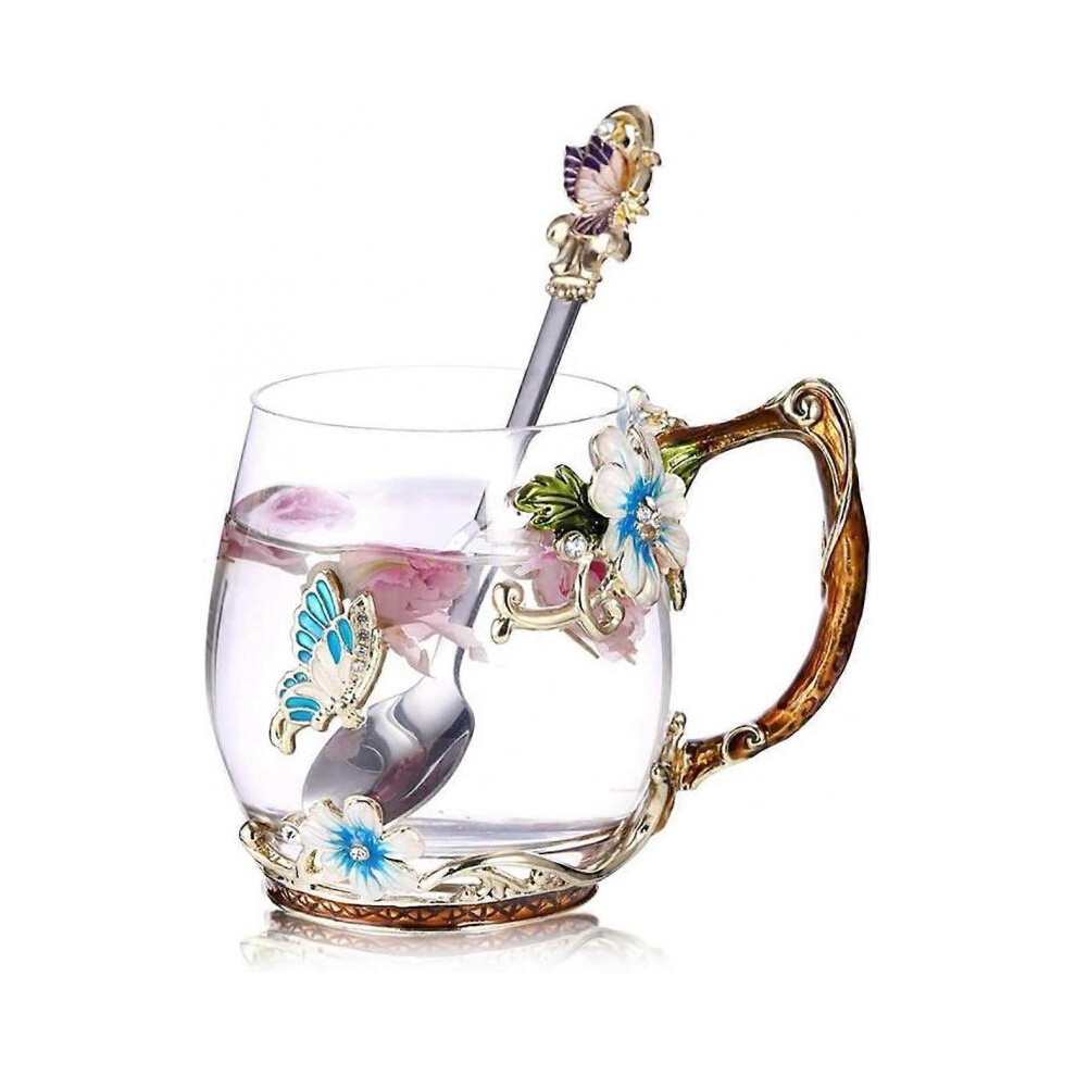 Tasse à café en verre émaillé avec cuillère, fleur de papillon, fait main, cadeau d'anniversaire pour la Saint-Valentin et la fête des mères