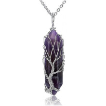 Amethyst Healing Crystal Stone Necklace Silver Tree of Life Wire Wrapped Natural Hexagonal Crystal Points Pendant Necklace for Women Valentines Gift