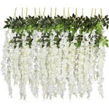 6pcs 3.75 Feet/Piece Artificial Fake Wisteria Vine Ratta Hanging Garland Silk Flowers String Home Party Wedding Decor (6PCS-Large White Wisteria)