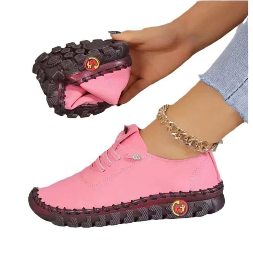 (pink, 36) Women's Solid Color Casual Sneakers, Lace Up Low-top Non-slip Breathable Soft Trainers, Versatile Daily Comfy Shoes