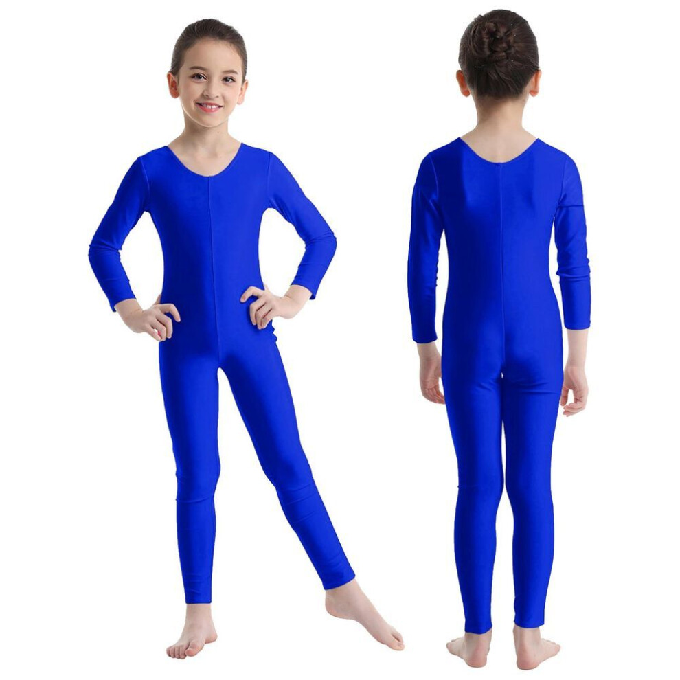 (royal blue, 11-12 Years) Kids Girls Long Sleeve Ballet Dance Gymnastics Leotard Jumpsuit Unitard Solid Color Zipper Stretchy Bodysuit