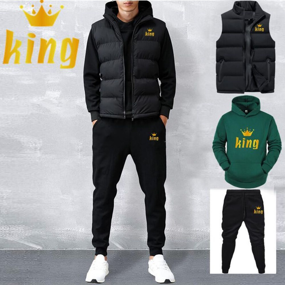 (green, M) Men Casual Sets Vest + Hoodies + Pants 3 Piece Tracksuit Male Sportswear Set