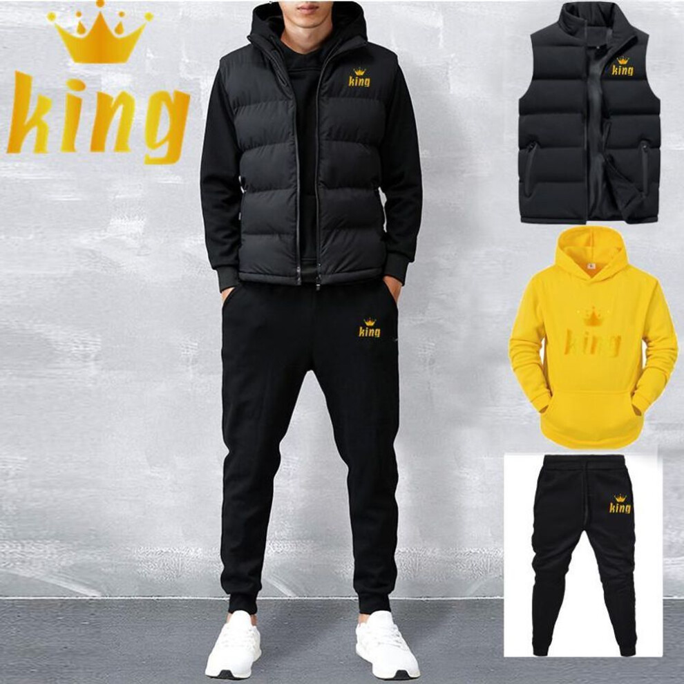 (yellow, S) Men Casual Sets Vest + Hoodies + Pants 3 Piece Tracksuit Male Sportswear Set
