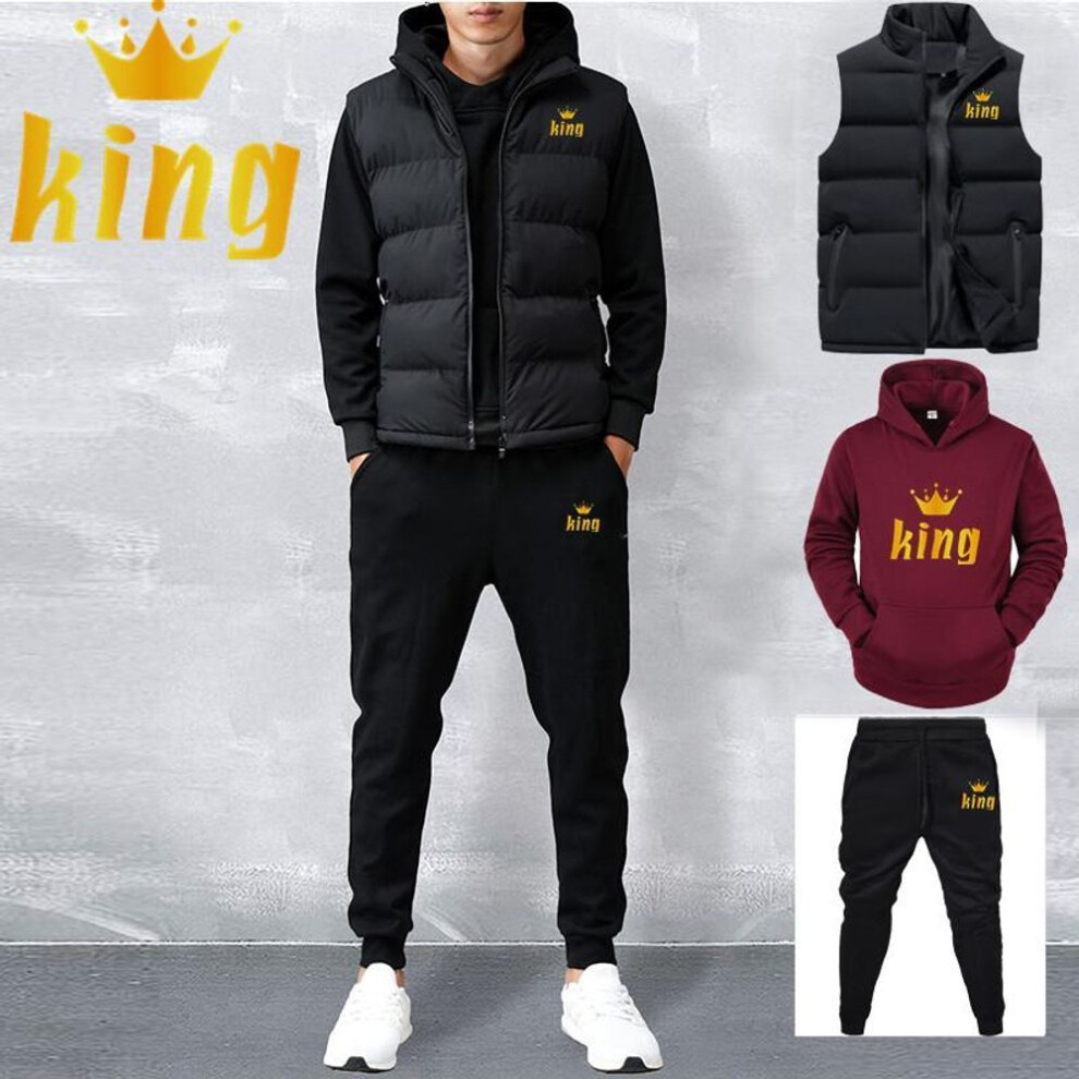 (wine red, 2XL) Men Casual Sets Vest + Hoodies + Pants 3 Piece Tracksuit Male Sportswear Set