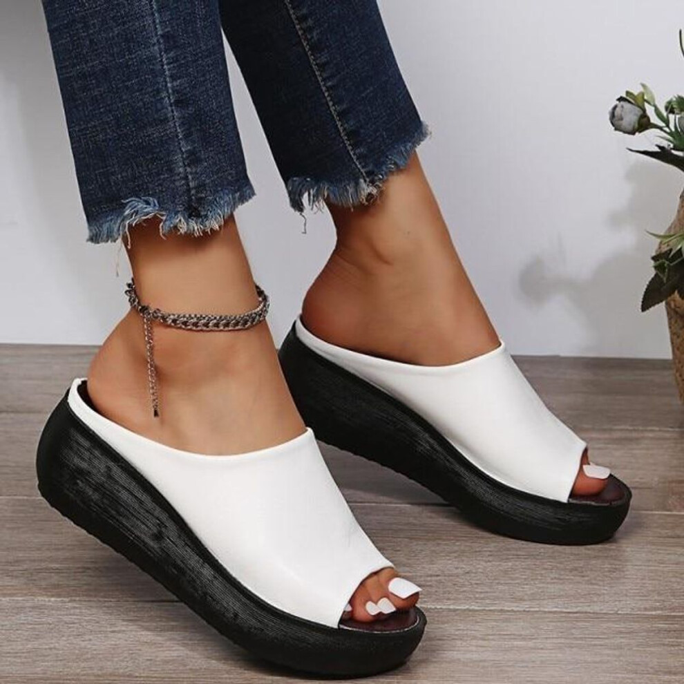 (white, 41) Fashion Women Leather Slippers White Ladias Retro Peep Toe Platform Shoes Clogs Slip On Sandals Wedges Sandles Shoe