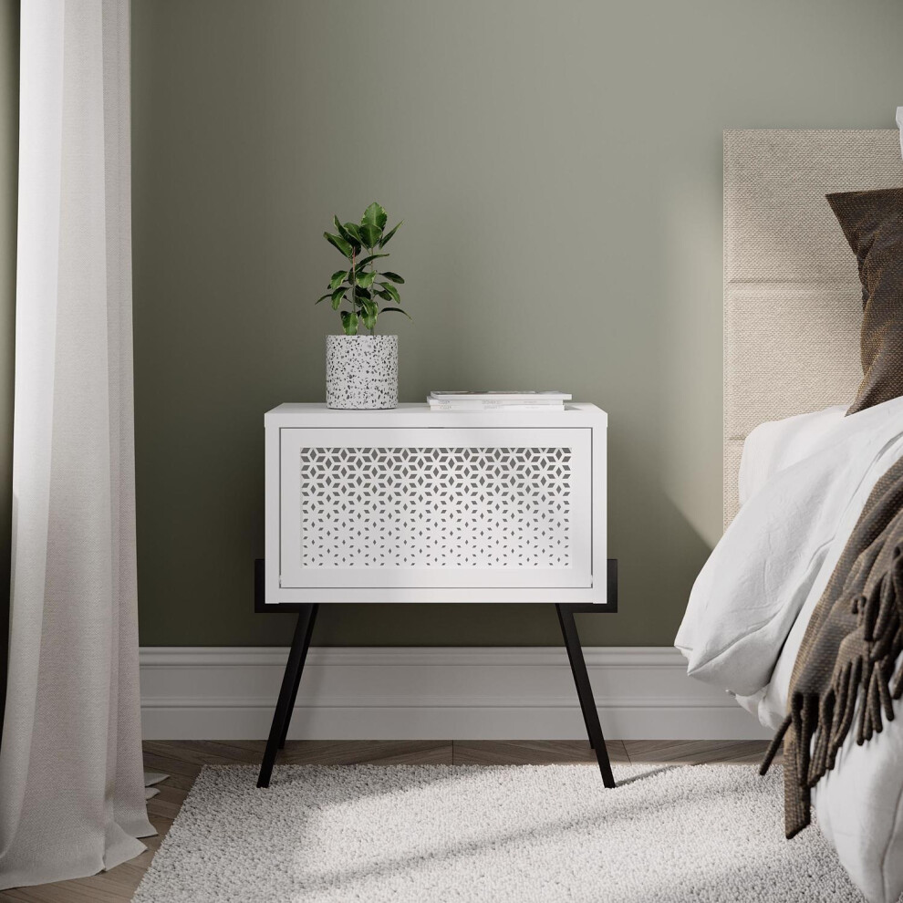 White 1 Door Bedside Handless Push Open Design Black Metal Legs Modern