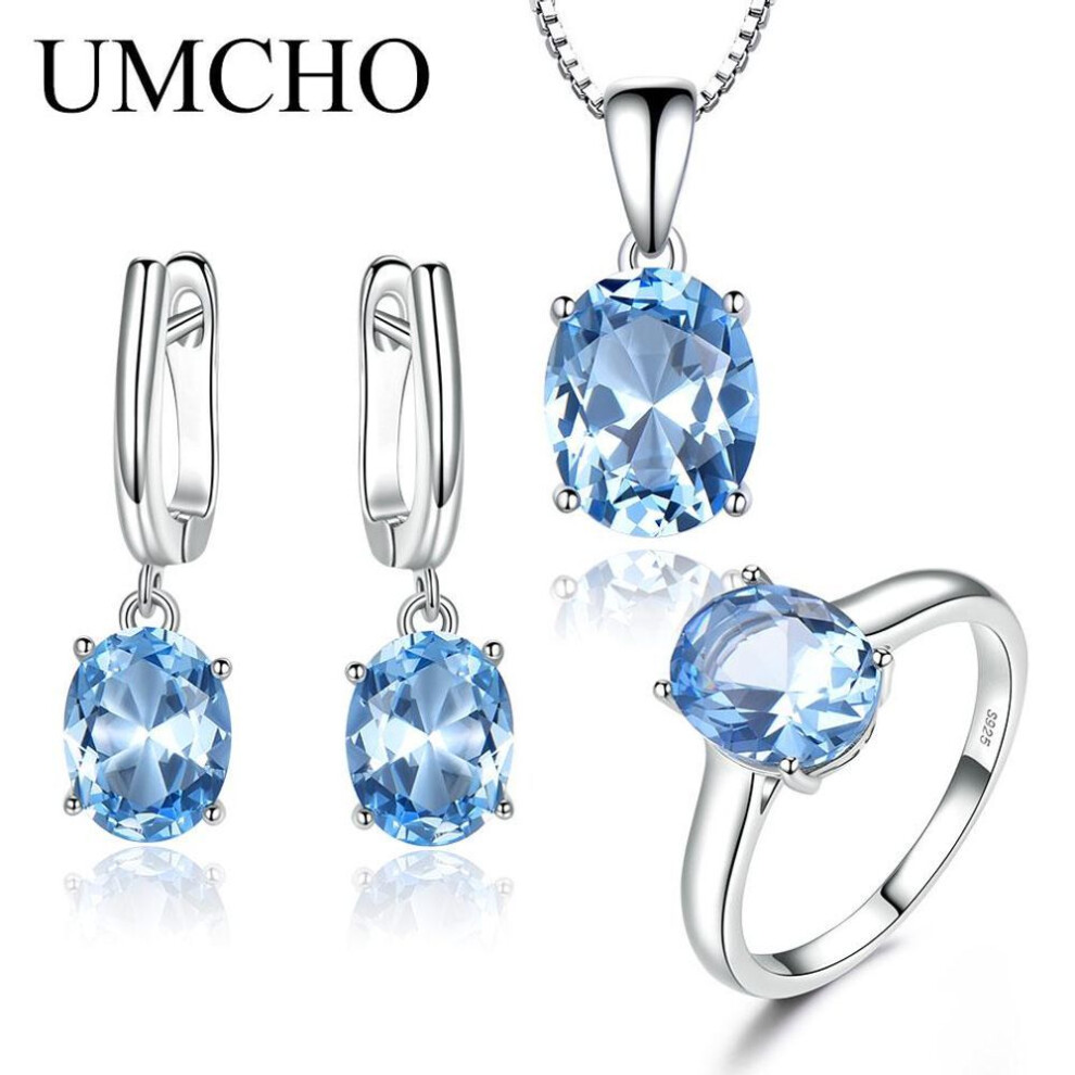(sky blue, 7) UMCHO Sky Blue Topaz Gemstone Wedding Jewelry Sets for Women 925 Sterling Silver Engagement Rings Necklace Pendant Clip Earrings