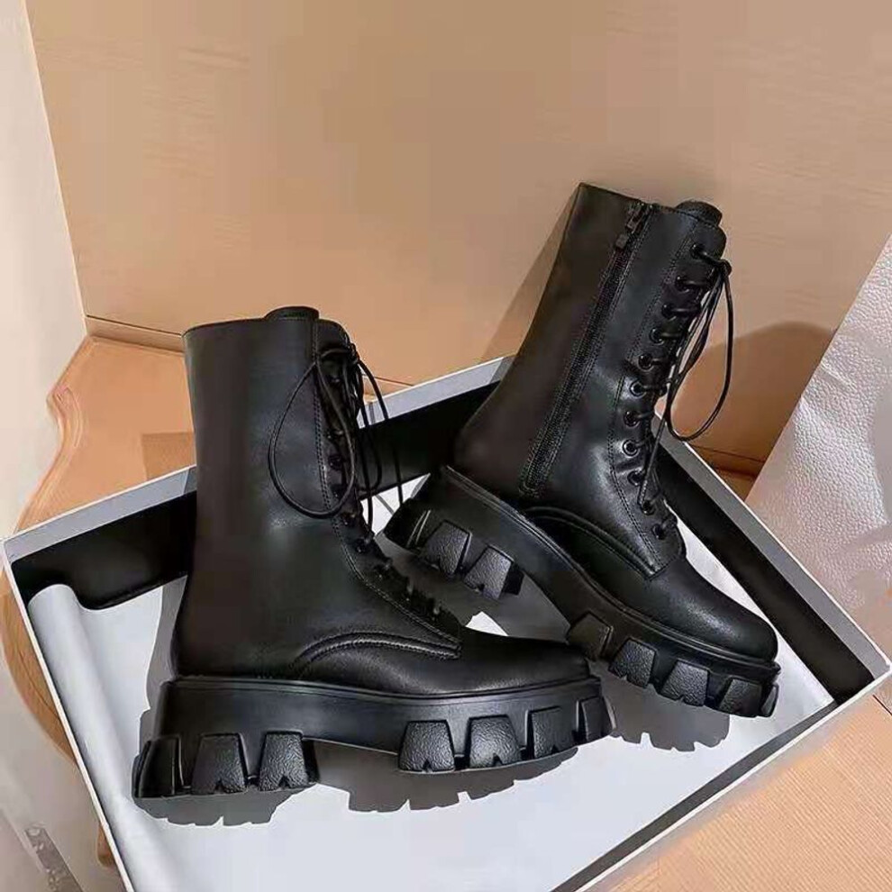 (black, 36) Mid Calf Boots Women Autumn Winter Fashion Lace-up Ladies Chelsea Zipper Boots Sports Platform Heel Ladies Shoes