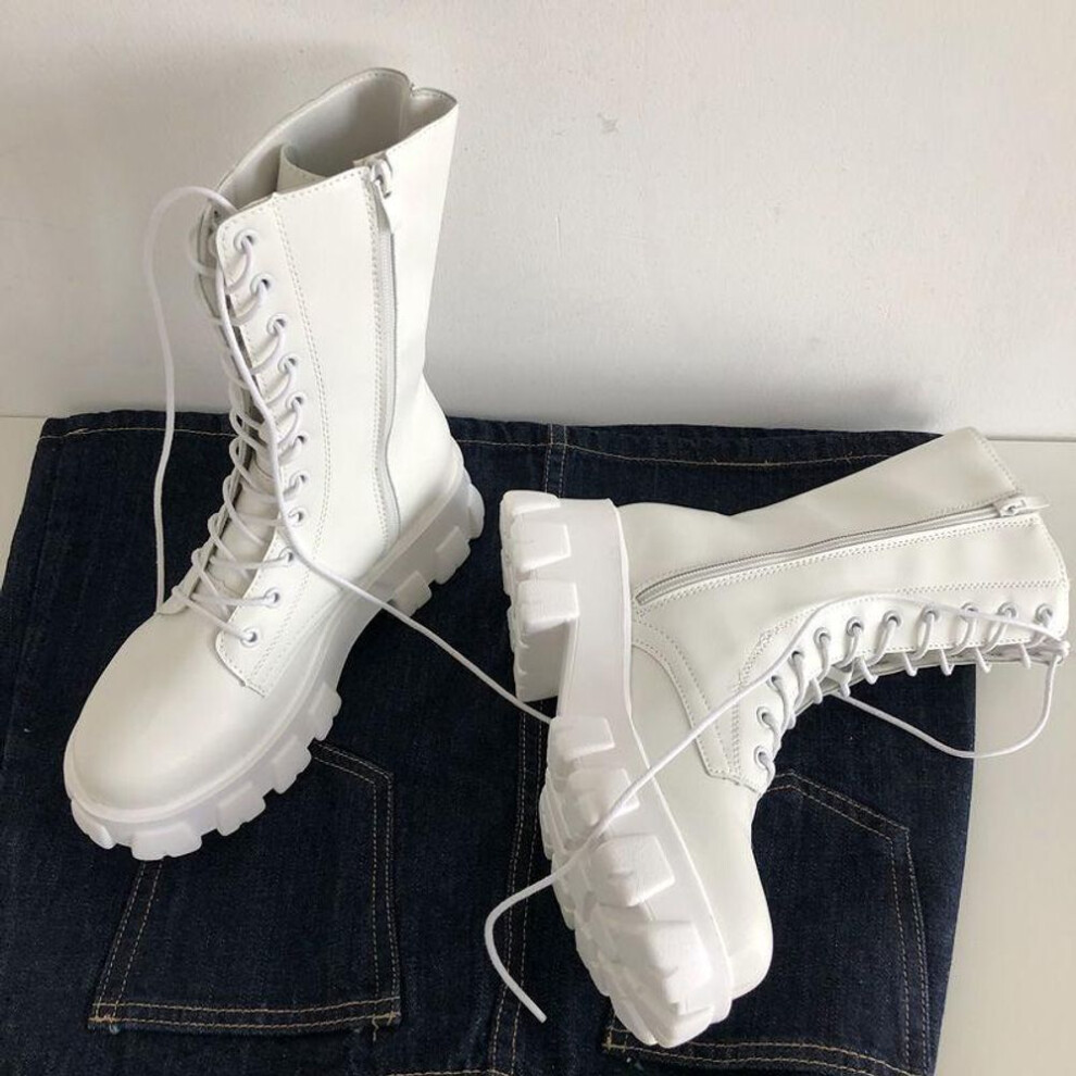 (white, 39) Mid Calf Boots Women Autumn Winter Fashion Lace-up Ladies Chelsea Zipper Boots Sports Platform Heel Ladies Shoes