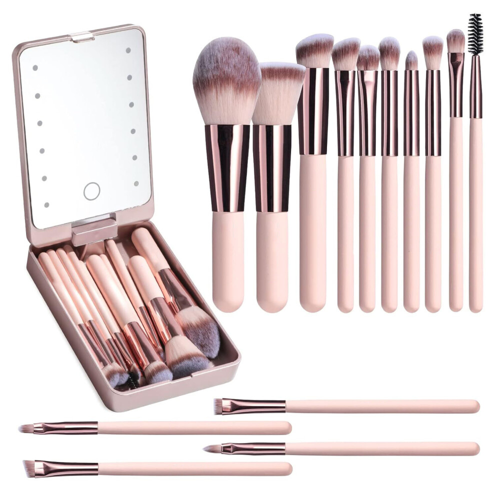Ensemble de pinceaux de maquillage de voyage Omo 14 pièces avec miroir lumineux LED comprenant fond de teint,