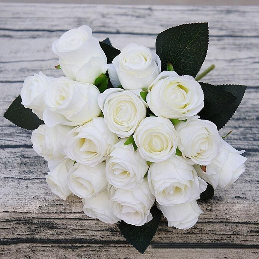 (White) 18 heads/bunch Rose Hand Artificial Silk Flower For Wedding Home Decoration Bridal Bouquet