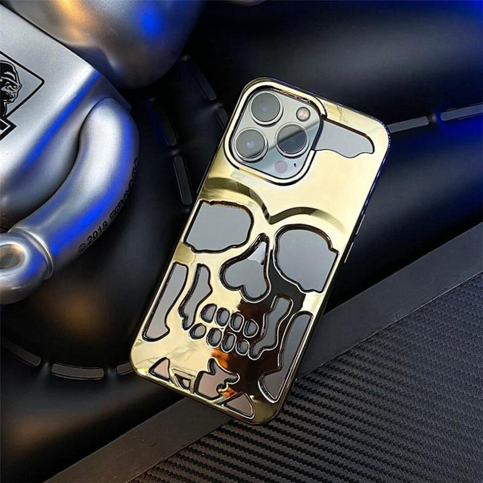 (gold, iPhone 15 Pro Max) Cool Hollow 3D Skull Phone Case for iPhone 16 15 14 Plus 13 12 11 Pro Max Plating Gothic Skeleton Design Shockproof Cover