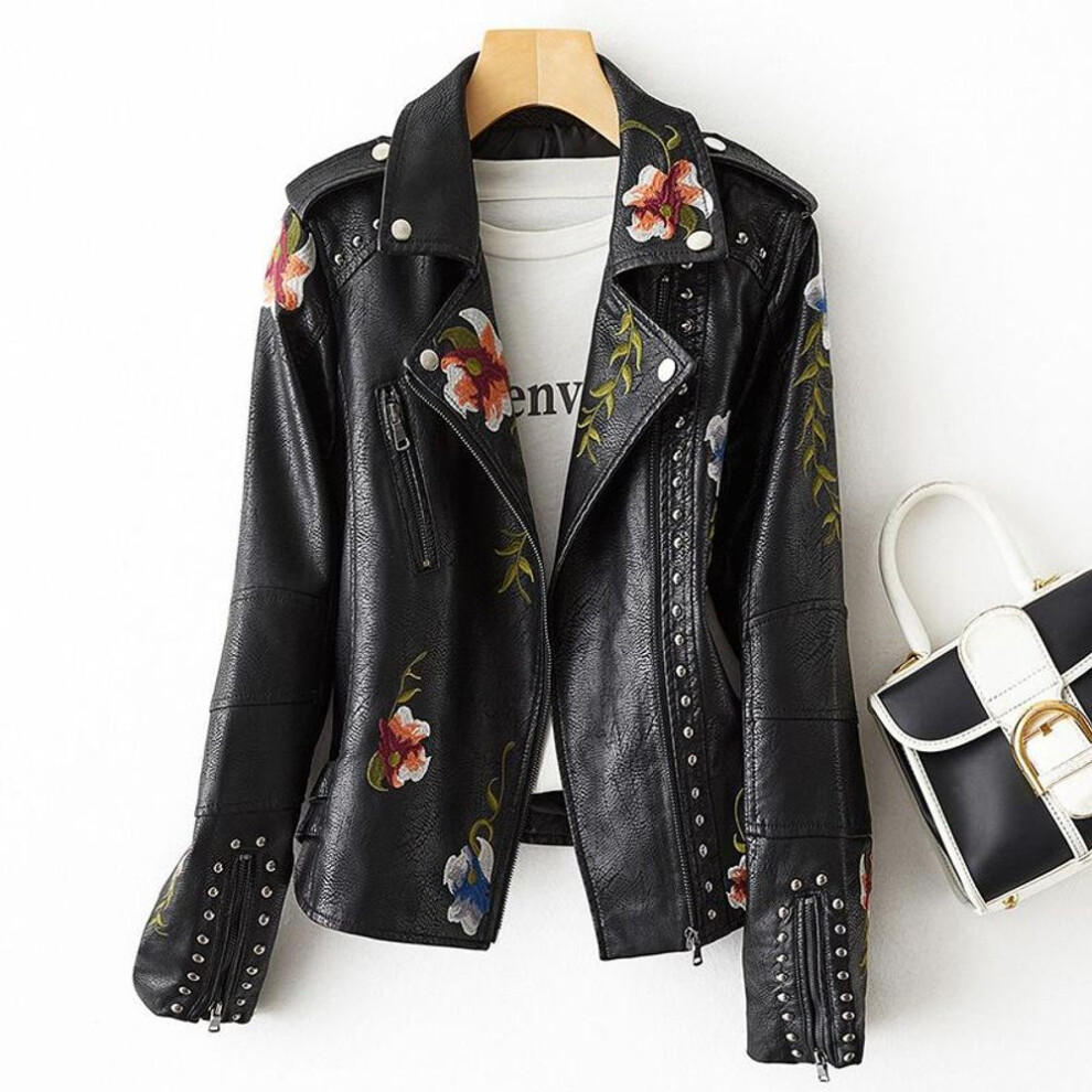 (black, XL) Ladies Casual Waisted PU Leather Jacket Embroidered Rivets Faux Leather Jacket Short Office Jacket