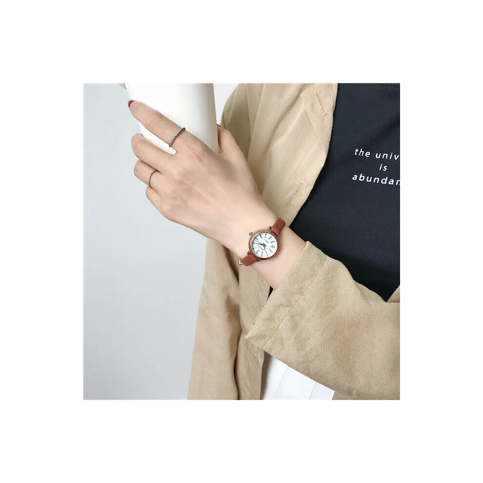 (Marron blanc) Montre à quartz de luxe vintage marron marron mince petite montre en cuir
