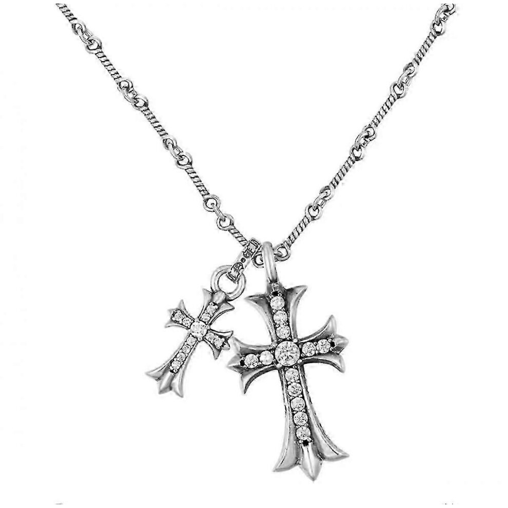 Collier avec pendentif double croix plaqué or blanc